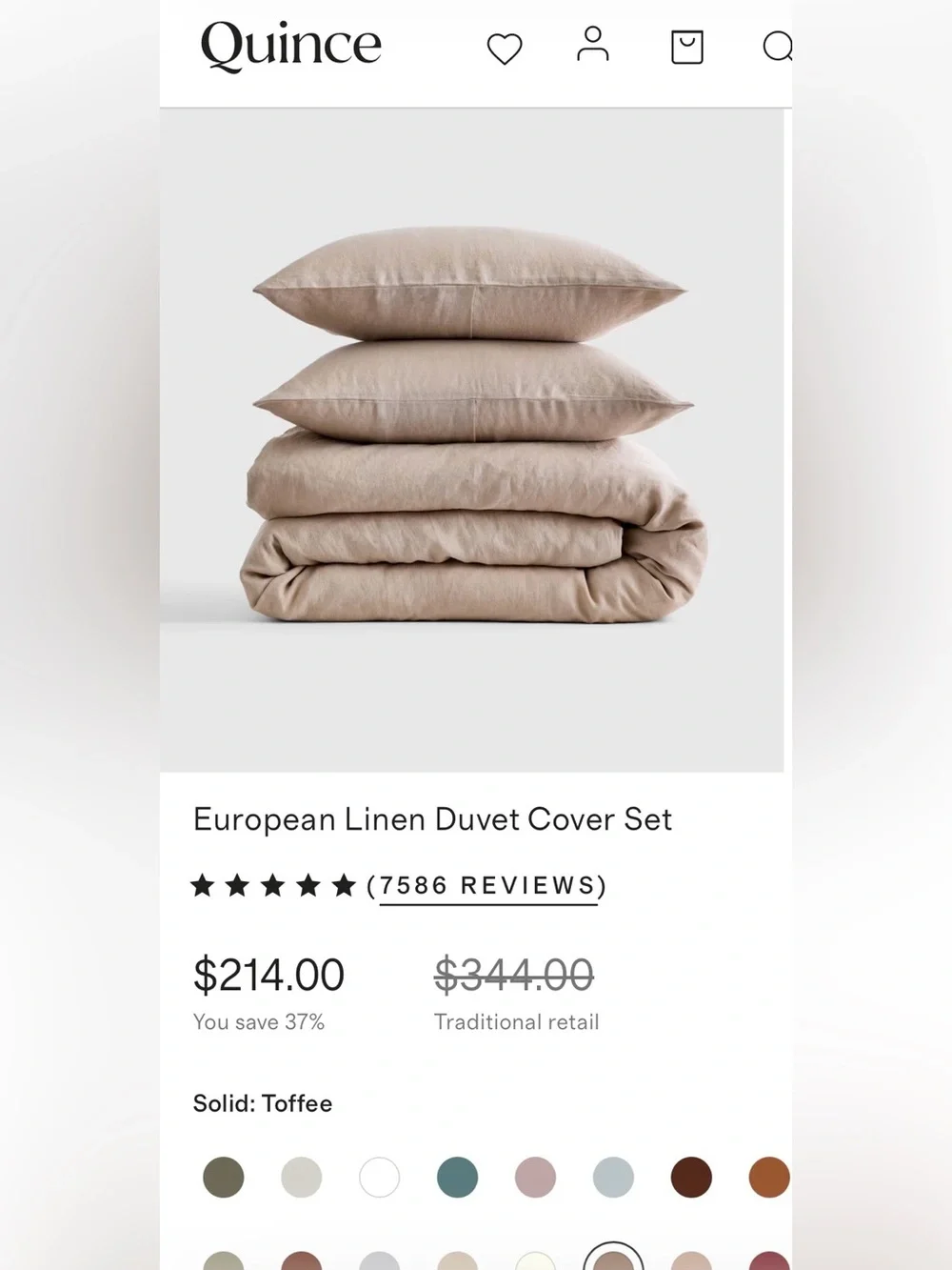 NWT Quince European Linen 3 Piece Duvet Cover Set, King/Cal king (Toffee)